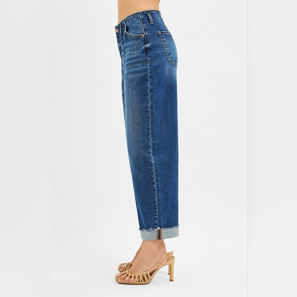 Risen HR Dark Wash Barrel Jeans Front Pintuck Seam Cuffed Raw Hem Various NEW - Picture 4 of 6